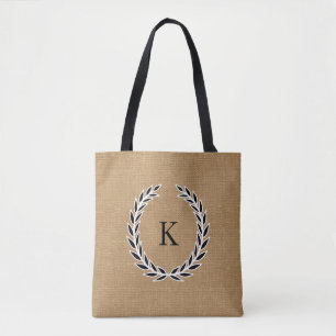 Rustic Burlap Look Black and White Monogram Wreath Tote Bag