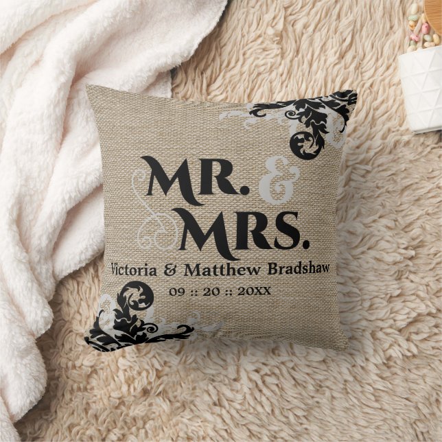 Rustic Burlap Look Mr. and Mrs. Wedding Cushion (Blanket)