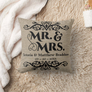 Rustic Burlap Look Mr. and Mrs. Wedding Cushion