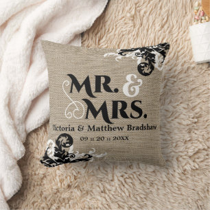 Rustic Burlap Look Mr. and Mrs. Wedding Cushion