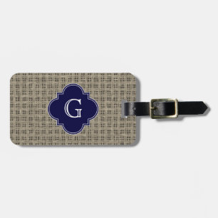 Rustic Burlap Look, Navy Blue Quatrefoil Monogram Luggage Tag