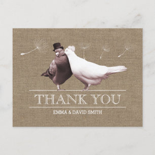 Rustic Burlap Love Birds Thank You Postcard