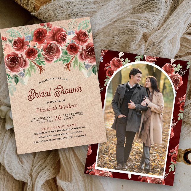 Rustic Burlap Marsala Floral Photo Bridal Shower Invitation (Creator Uploaded)