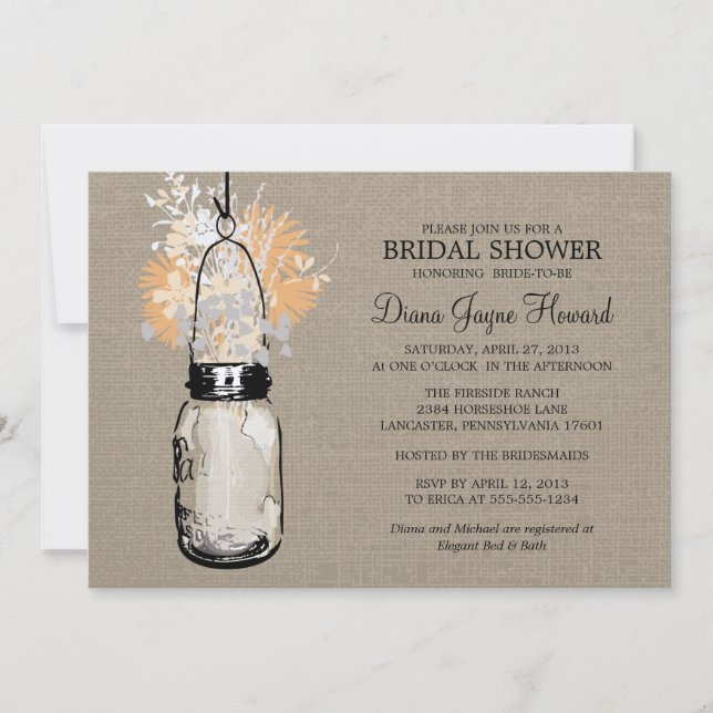 Rustic Burlap Mason Jar and Wildflowers Invitation (Front)