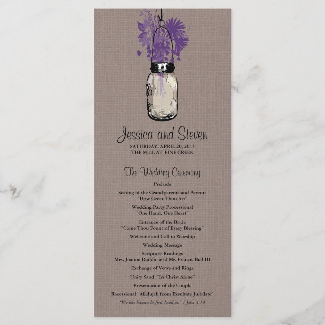 Rustic Burlap Mason Jar and Wildflowers Program Programme (Front)