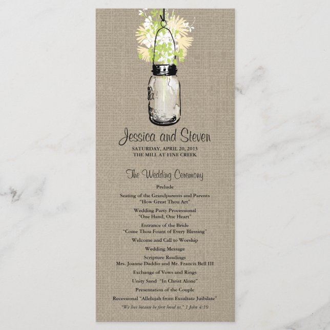 Rustic Burlap Mason Jar and Wildflowers Program Programme (Front)