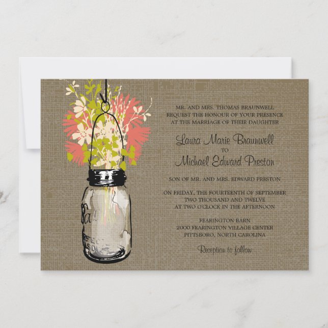 Rustic Burlap Mason Jar and Wildflowers Wedding Invitation (Front)