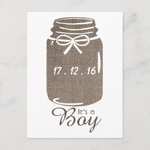 Rustic Burlap Mason Jar Baby Boy Announcement