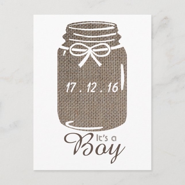 Rustic Burlap Mason Jar Baby Boy Announcement Postcard (Front)