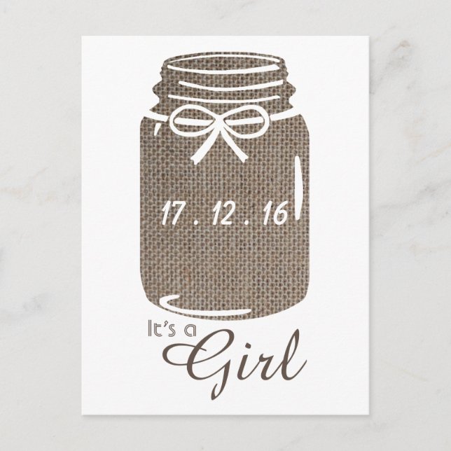 Rustic Burlap Mason Jar Baby Girl Announcement (Front)