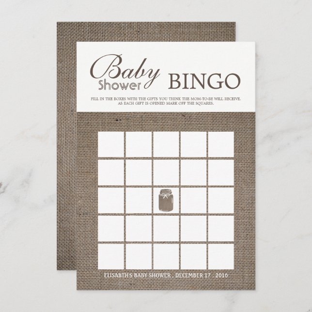 Rustic Burlap Mason Jar Baby Shower Bingo Invitation (Front/Back)
