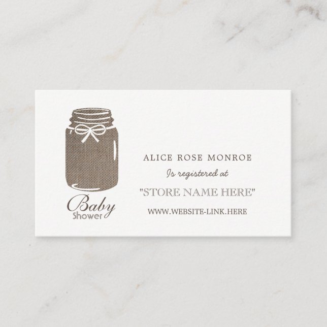 Rustic Burlap Mason Jar Baby Shower Gift Registry Enclosure Card (Front)