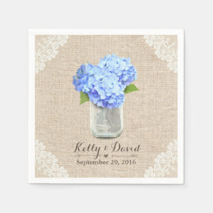 Rustic Burlap Mason Jar Blue Hydrangea Wedding Napkin