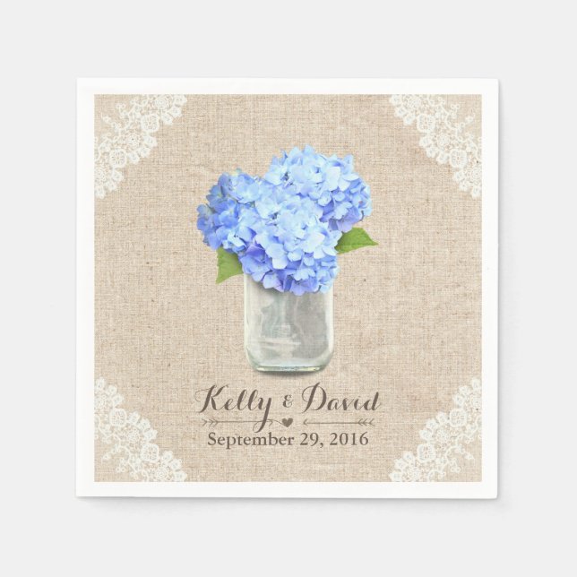 Rustic Burlap Mason Jar Blue Hydrangea Wedding Napkin (Front)