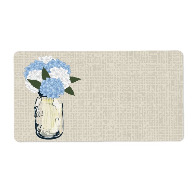 Rustic Burlap Mason Jar Blue Hydrangeas (Front)