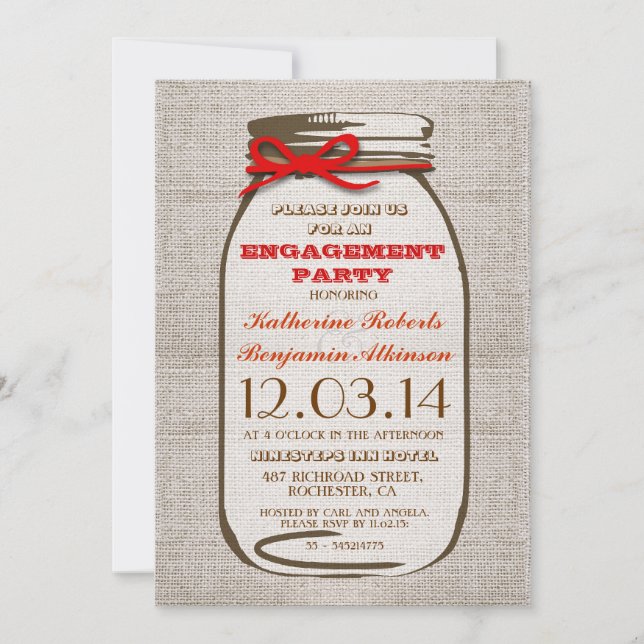 Rustic Burlap Mason Jar Engagement Party Invitation (Front)