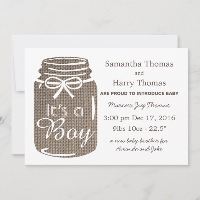 Rustic Burlap Mason Jar New Baby Boy Announcement (Front)