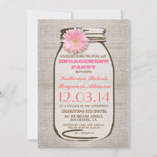 Rustic Burlap Mason Jar Pink Engagement Party Invitation