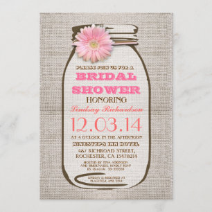 Rustic Burlap Mason Jar Pink Gerbera Bridal Shower Invitation