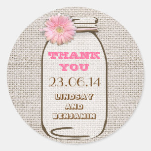 Rustic Burlap Mason Jar Pink Gerbera Wedding Classic Round Sticker