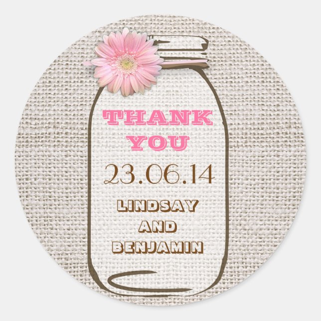 Rustic Burlap Mason Jar Pink Gerbera Wedding Classic Round Sticker (Front)