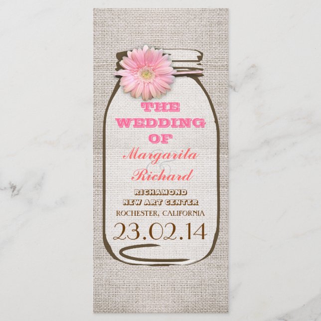 Rustic burlap mason jar pink wedding programs programme (Front)