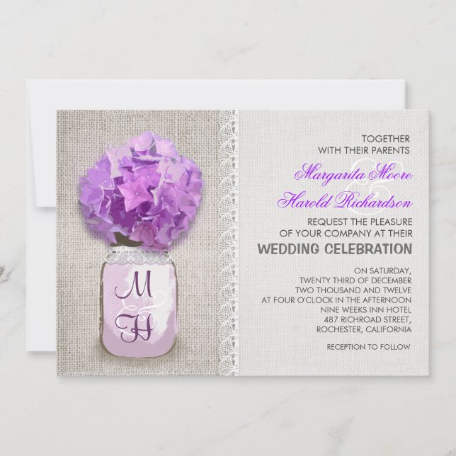 Rustic Burlap Mason Jar Purple Hydrangea Wedding Invitation (Front)