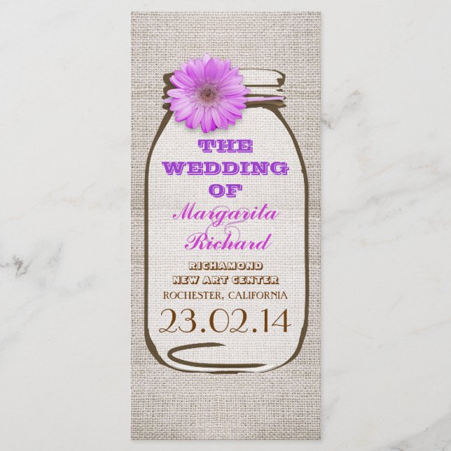 Rustic burlap mason jar purple wedding programs programme (Front)