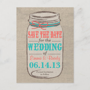 Rustic Burlap & Mason Jar Save the Date - Coral Announcement Postcard