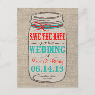 Rustic Burlap & Mason Jar Save the Date Postcard