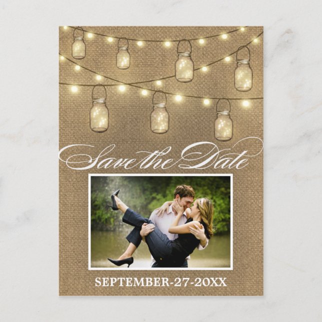 Rustic Burlap Mason Jar Save the Date Postcards (Front)