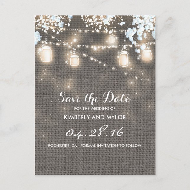 Rustic Burlap Mason Jar String Light Save the Date Announcement Postcard (Front)