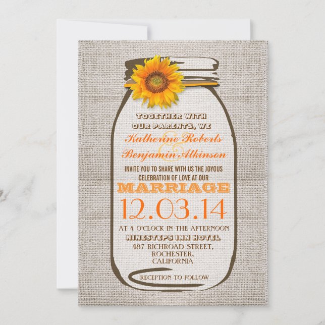 Rustic Burlap Mason Jar Sunflower Wedding Invites (Front)
