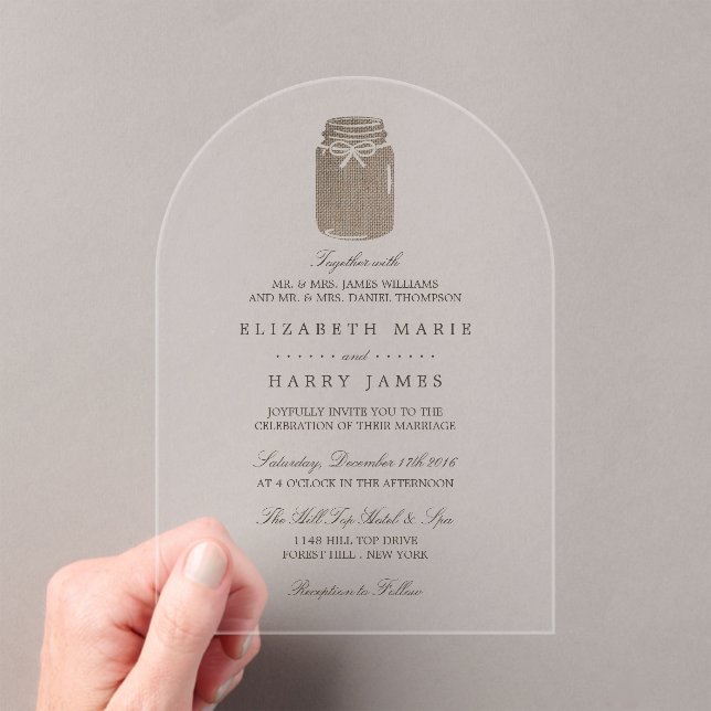 Rustic Burlap Mason Jar Wedding Acrylic Invitations (Insitu (Handheld))