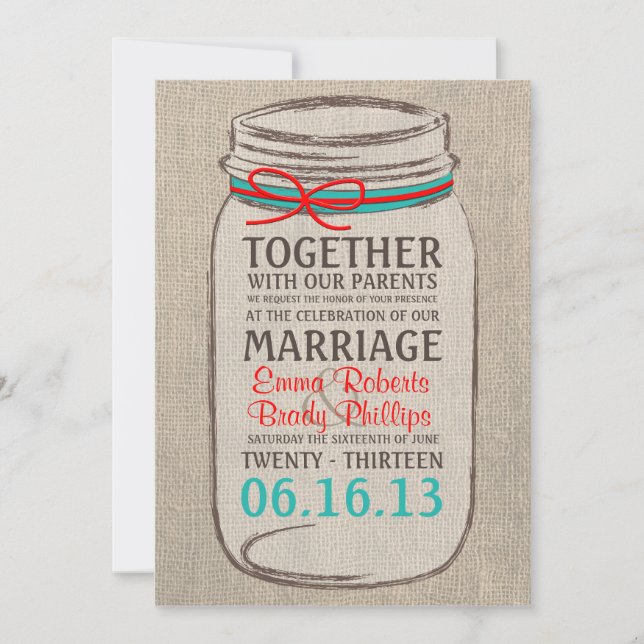 Rustic Burlap & Mason Jar Wedding Invitation (Front)