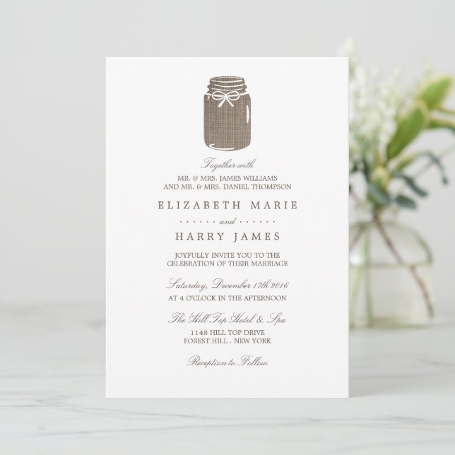 Rustic Burlap Mason Jar Wedding Invitation (Standing Front)