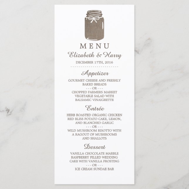 Rustic Burlap Mason Jar Wedding Menu (Front)