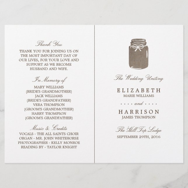 Rustic Burlap Mason Jar Wedding Program (Front)