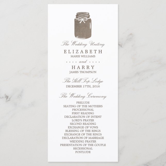 Rustic Burlap Mason Jar Wedding Programme (Front)