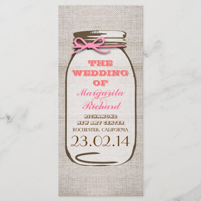Rustic burlap mason jar wedding programs programme (Front)