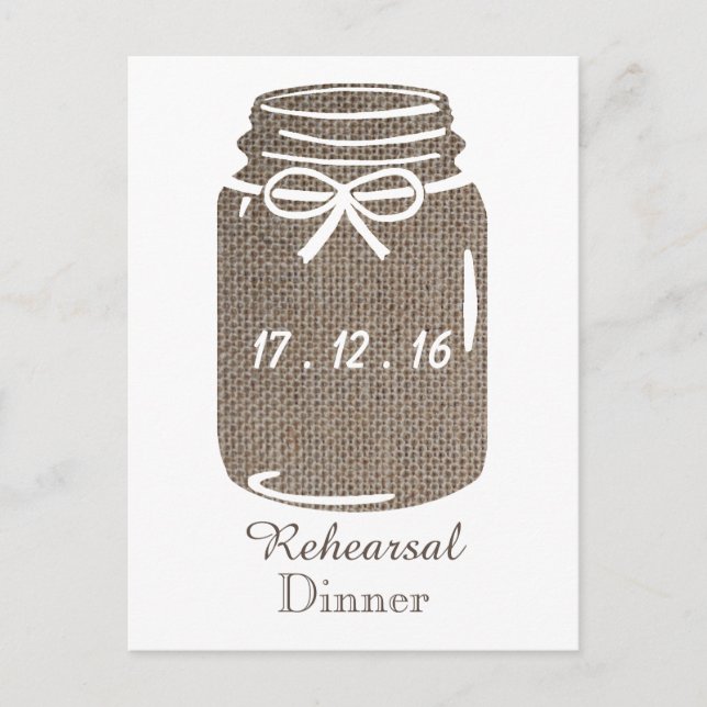 Rustic Burlap Mason Jar Wedding Rehearsal Dinner Invitation Postcard (Front)
