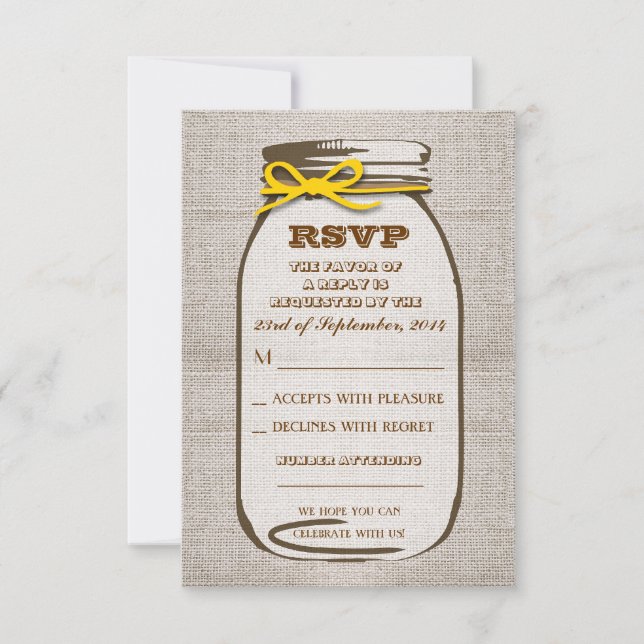 Rustic Burlap Mason Jar Wedding RSVP cards (Front)