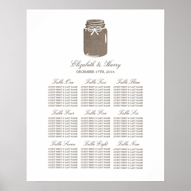 Rustic Burlap Mason Jar Wedding Seating Chart (Front)
