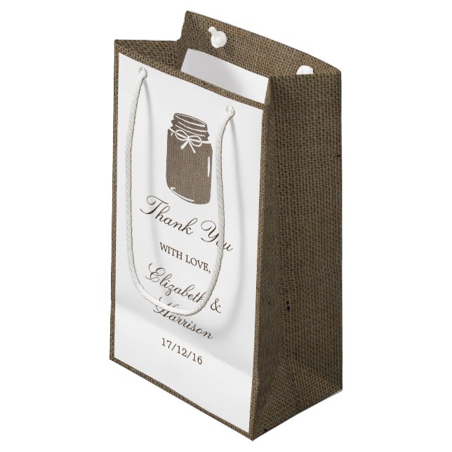 Rustic Burlap Mason Jar Wedding Small Gift Bag (Front Angled)