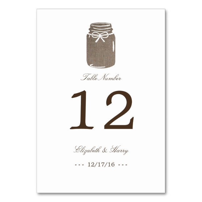 Rustic Burlap Mason Jar Wedding Table Number (Front)