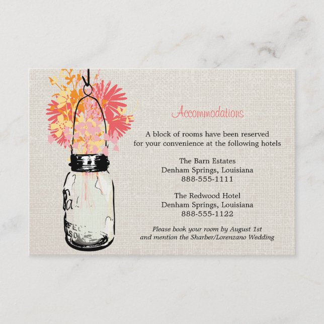 Rustic Burlap Mason Jar Wildflowers Accommodations Enclosure Card (Front)