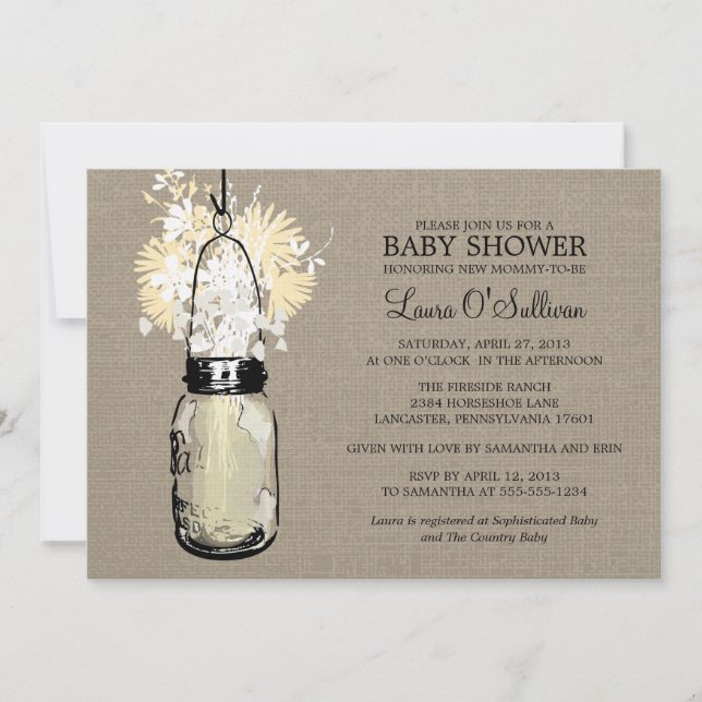 Rustic Burlap Mason Jar Wildflowers Baby Shower Invitation (Front)