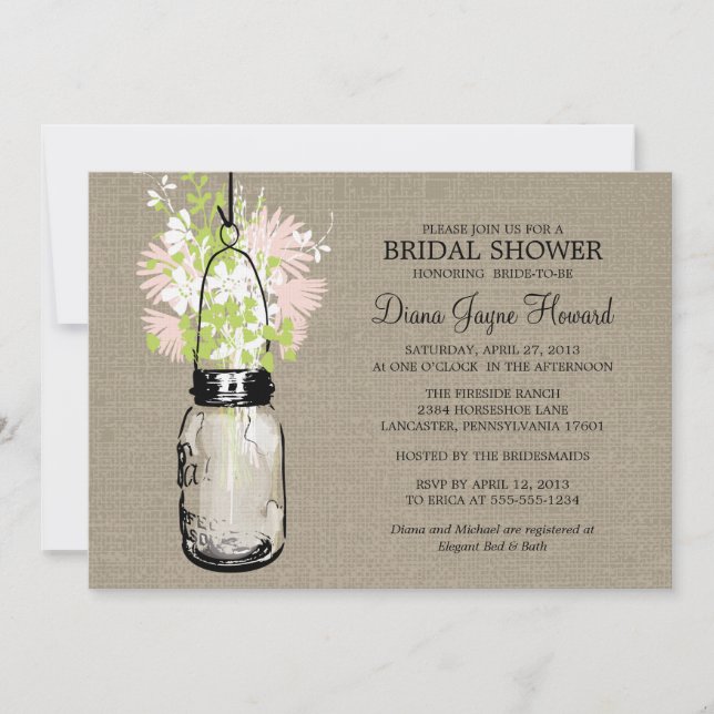 Rustic Burlap Mason Jar Wildflowers Bridal Shower Invitation (Front)