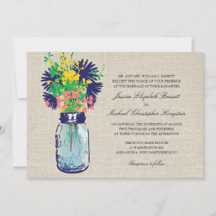 Rustic Burlap Mason Jar Wildflowers Wedding Invitation