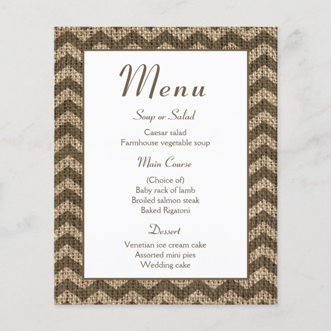 Rustic Burlap Menu Brown Wedding Chevron Stripes (Front)